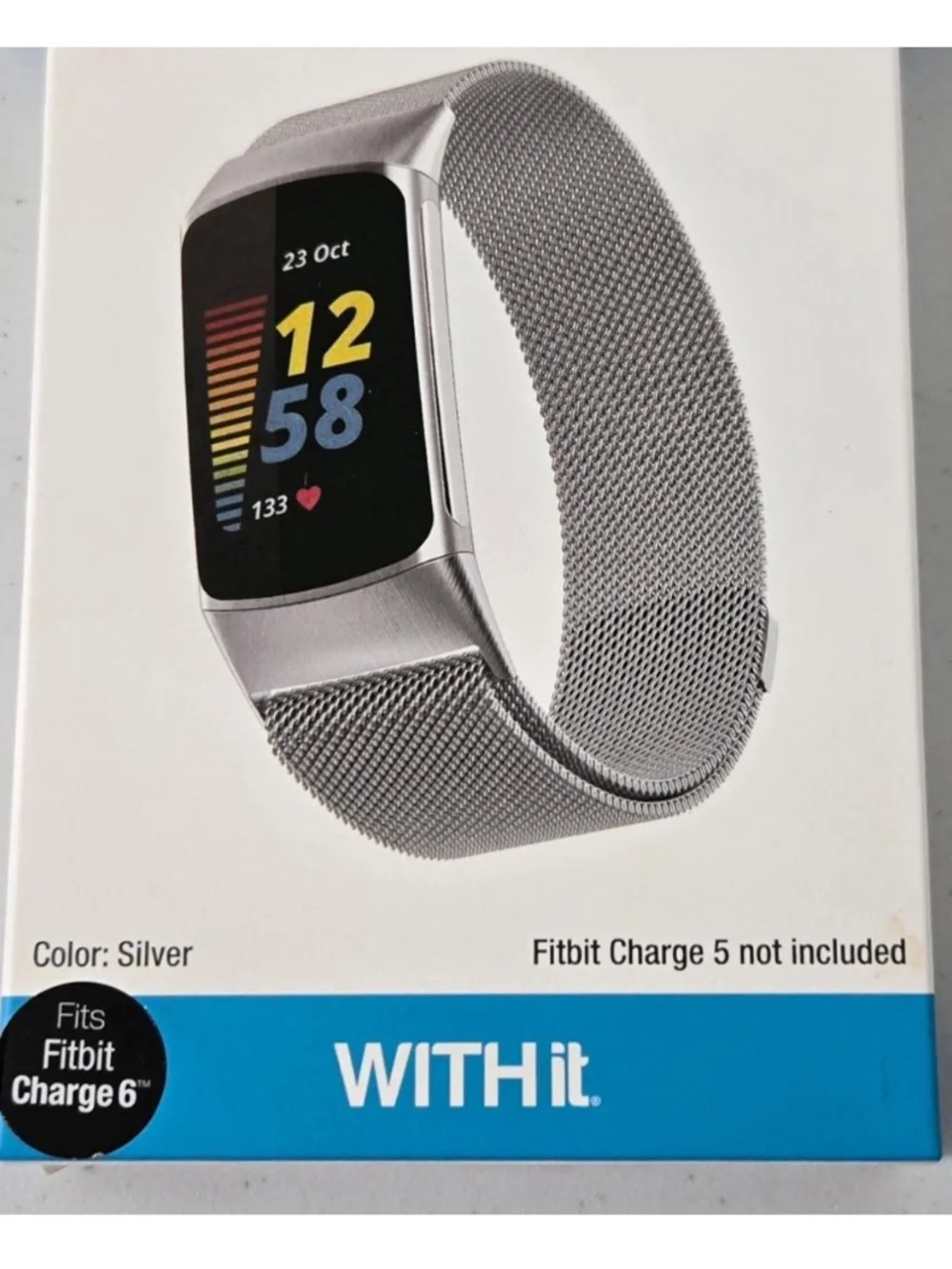 New Withit Fitbit Charge5 Watch Band Adjustable Stainless Steel Silver Metal NWT